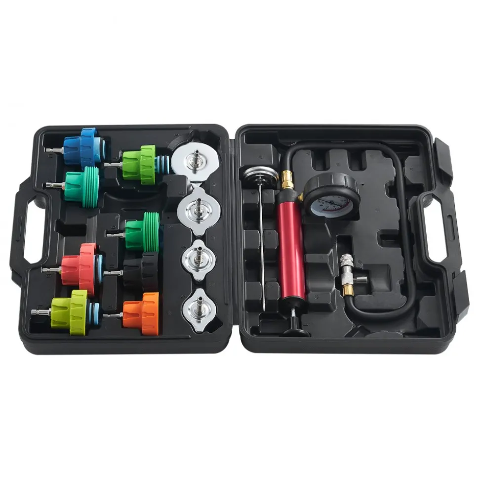 VEVOR 14 pcs Universal Radiator Pressure Tester Kit, Coolant Pressure Tester Kit with Manual Pump and Color-coded Steel Test Cap Adapters, with Toolbox, For Cars Motorcycles Trucks Cooling System