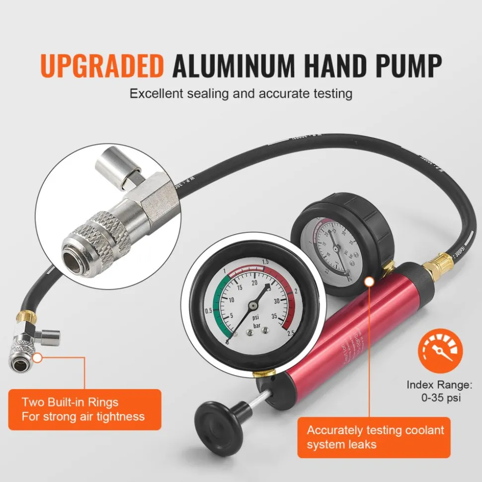 VEVOR 14 pcs Universal Radiator Pressure Tester Kit, Coolant Pressure Tester Kit with Manual Pump and Color-coded Steel Test Cap Adapters, with Toolbox, For Cars Motorcycles Trucks Cooling System