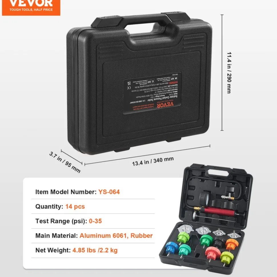 VEVOR 14 pcs Universal Radiator Pressure Tester Kit, Coolant Pressure Tester Kit with Manual Pump and Color-coded Steel Test Cap Adapters, with Toolbox, For Cars Motorcycles Trucks Cooling System