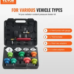 VEVOR 14 pcs Universal Radiator Pressure Tester Kit, Coolant Pressure Tester Kit with Manual Pump and Color-coded Steel Test Cap Adapters, with Toolbox, For Cars Motorcycles Trucks Cooling System