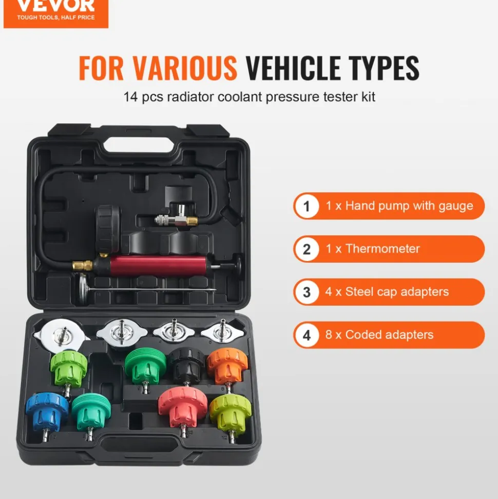 VEVOR 14 pcs Universal Radiator Pressure Tester Kit, Coolant Pressure Tester Kit with Manual Pump and Color-coded Steel Test Cap Adapters, with Toolbox, For Cars Motorcycles Trucks Cooling System