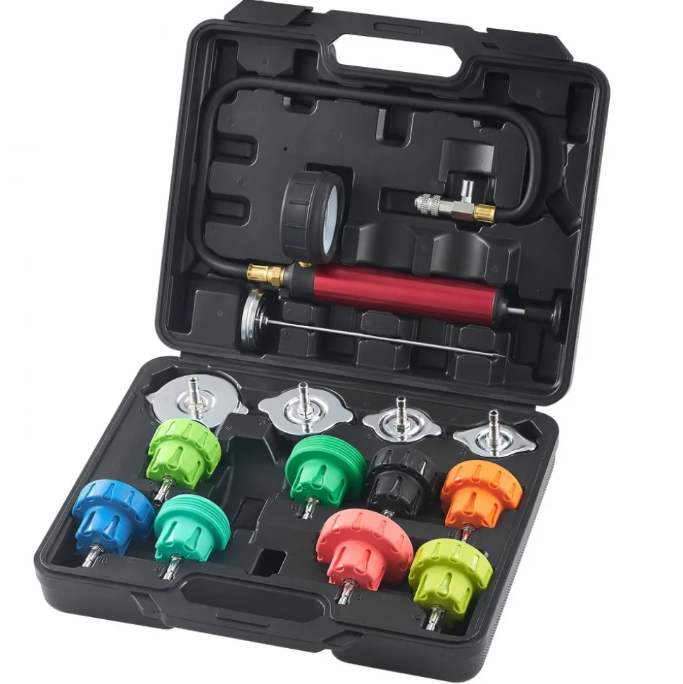 VEVOR 14 pcs Universal Radiator Pressure Tester Kit, Coolant Pressure Tester Kit with Manual Pump and Color-coded Steel Test Cap Adapters, with Toolbox, For Cars Motorcycles Trucks Cooling System