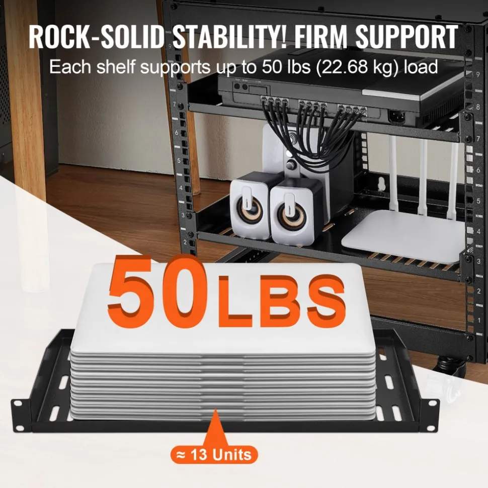 VEVOR 2PCS 1U Server Rack Shelf, 10"/254 mm Depth, 50 lbs Max Load Capacity Vented Cantilever or Wall Mount Rack Mount Shelf with Tray, Good Air Circulation for 19" Network Cabinet or Equipment Rack