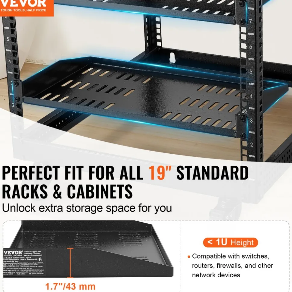 VEVOR 2PCS 1U Server Rack Shelf, 10"/254 mm Depth, 50 lbs Max Load Capacity Vented Cantilever or Wall Mount Rack Mount Shelf with Tray, Good Air Circulation for 19" Network Cabinet or Equipment Rack