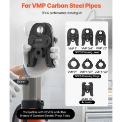 VEVOR 7PCS VMP Pressing Kit 1/2" to 2" - 3PCS Press Jaws, 3PCS Press Rings, 1PCS Actuator - Compatible with Megapress Carbon Steel Pipes, Work with 32KN Standard Press Tools - with Case
