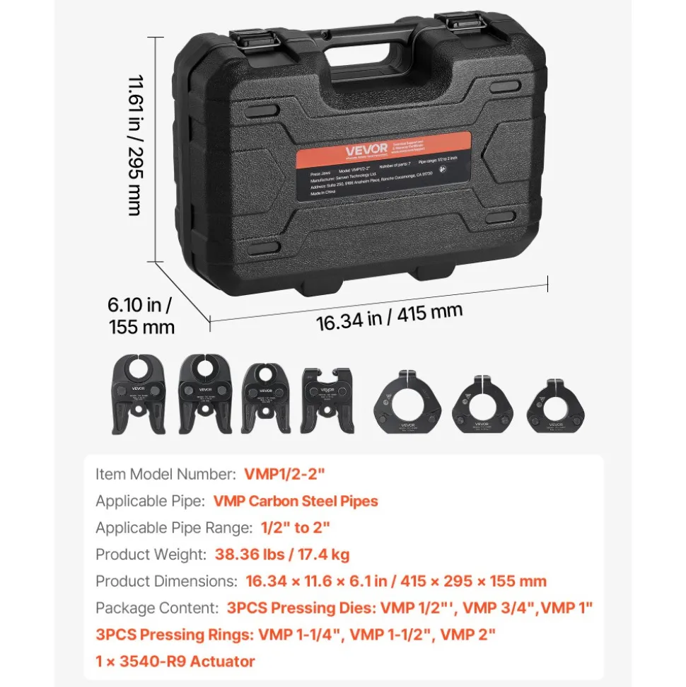 VEVOR 7PCS VMP Pressing Kit 1/2" to 2" - 3PCS Press Jaws, 3PCS Press Rings, 1PCS Actuator - Compatible with Megapress Carbon Steel Pipes, Work with 32KN Standard Press Tools - with Case