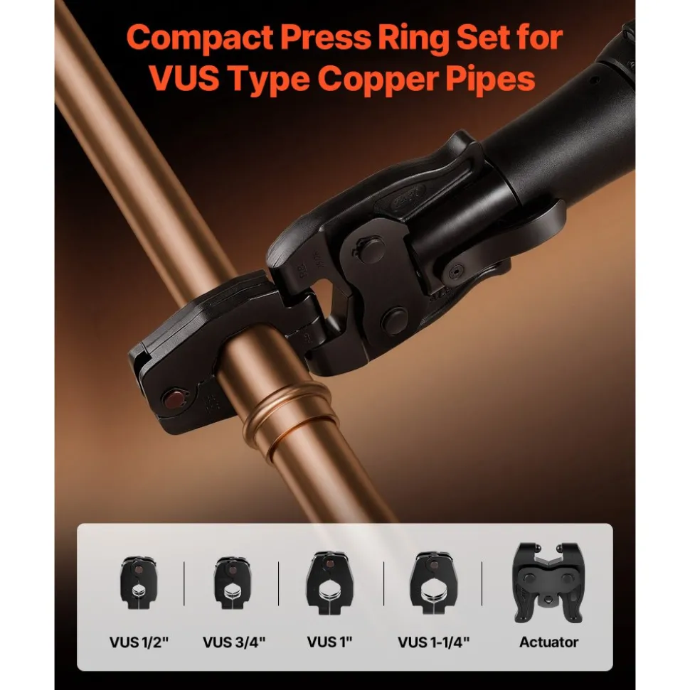VEVOR 5PCS VUS Pressing Kit, 4PCS Press Rings (1/2", 3/4", 1", 1-1/4") & R8 Actuator - Compatible with ProPress Copper Pipes, Work with 32KN Standard Press Tools for 180° Operation