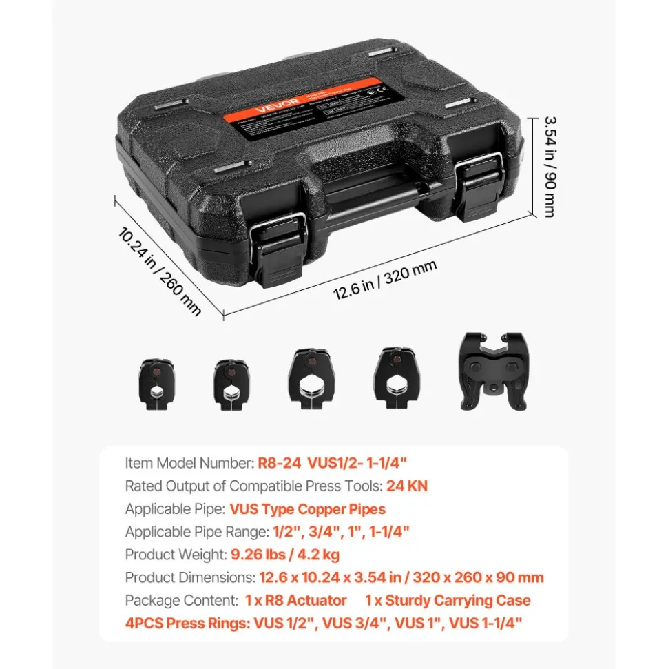 VEVOR 5PCS VUS Pressing Kit, 4PCS Press Rings (1/2", 3/4", 1", 1-1/4") & R8 Actuator - Compatible with ProPress Copper Pipes, Work with 32KN Standard Press Tools for 180° Operation