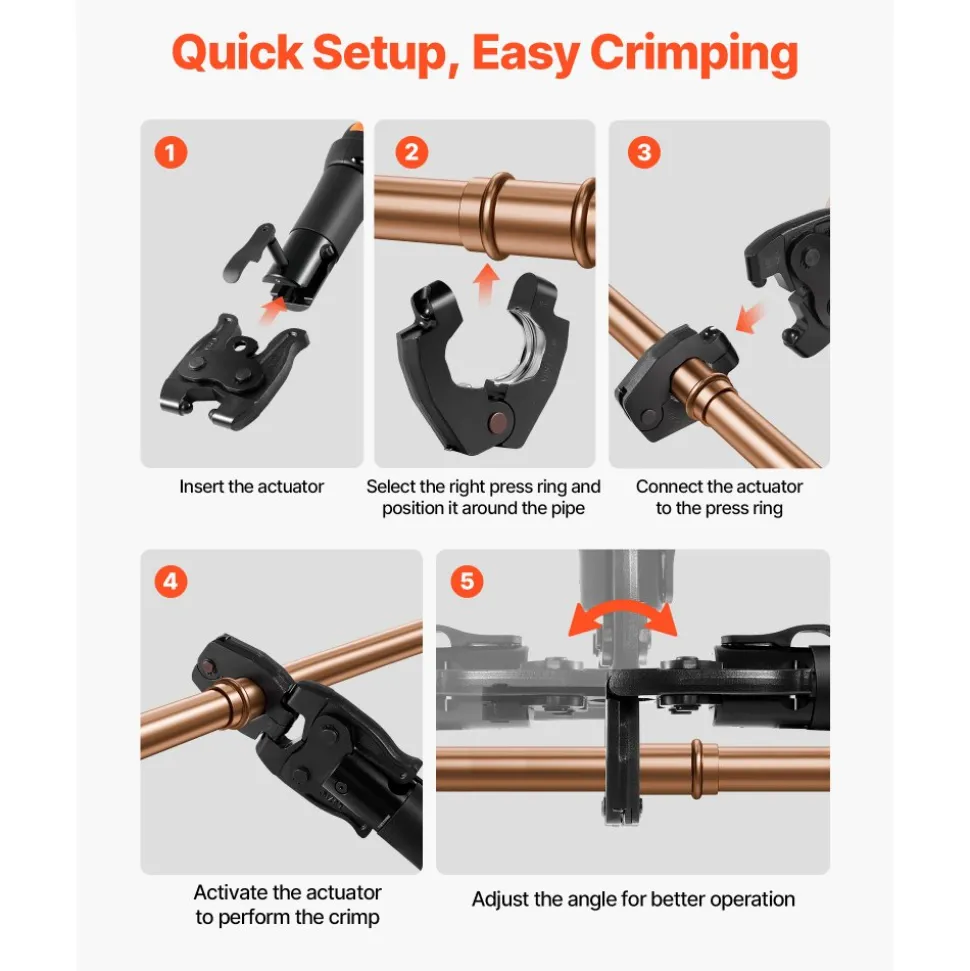 VEVOR 5PCS VUS Pressing Kit, 4PCS Press Rings (1/2", 3/4", 1", 1-1/4") & R8 Actuator - Compatible with ProPress Copper Pipes, Work with 32KN Standard Press Tools for 180° Operation
