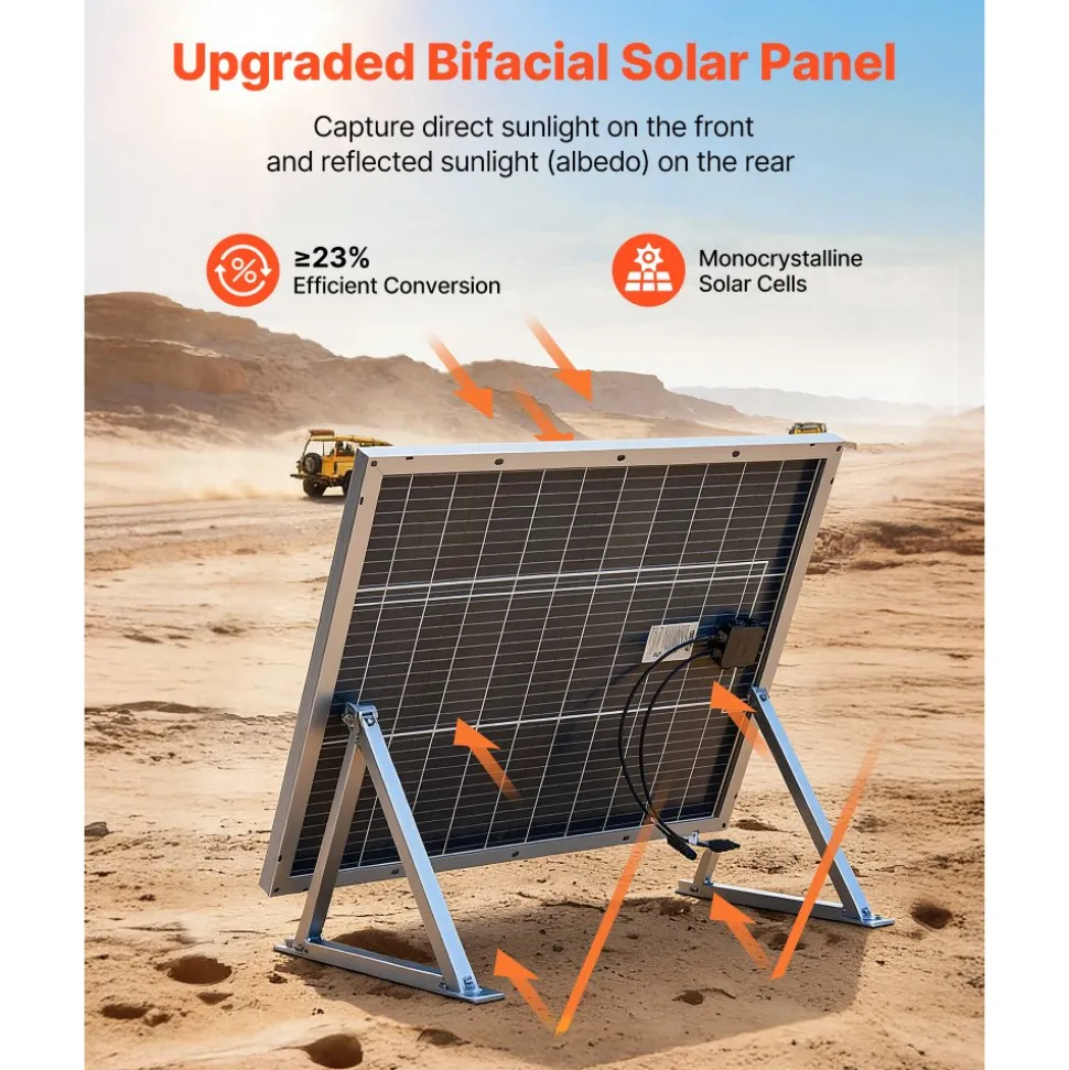 VEVOR 2PCS 100W Bifacial Solar Panels, 23% High-Efficiency N-Type Monocrystalline PV Module with MC4 Output & Aluminum Frame, IP67 Waterproof Solar Panel for Car Boat RV Flat Rooftop Off-Grid