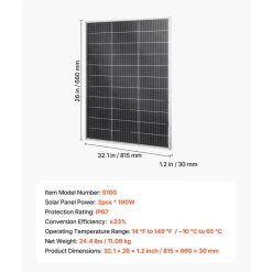 VEVOR 2PCS 100W Bifacial Solar Panels, 23% High-Efficiency N-Type Monocrystalline PV Module with MC4 Output & Aluminum Frame, IP67 Waterproof Solar Panel for Car Boat RV Flat Rooftop Off-Grid