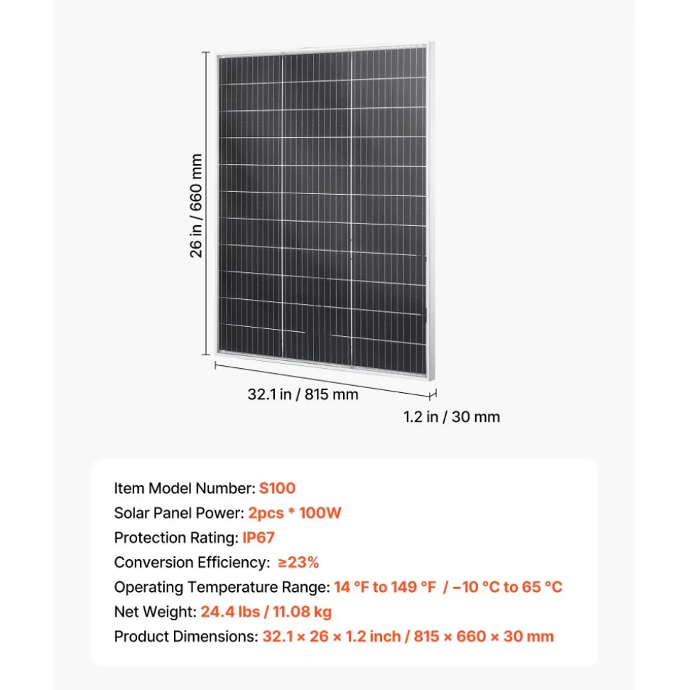 VEVOR 2PCS 100W Bifacial Solar Panels, 23% High-Efficiency N-Type Monocrystalline PV Module with MC4 Output & Aluminum Frame, IP67 Waterproof Solar Panel for Car Boat RV Flat Rooftop Off-Grid