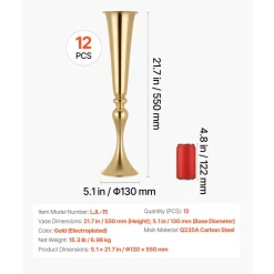 VEVOR 12 PCS Wedding Flower Vase, 21.7 in Tall Trumpet Flower Table Centerpieces, Banquet Vases Easy Installation, Electroplated Versatile Arrangement Stand for Party Events Home Decor Reception, Gold