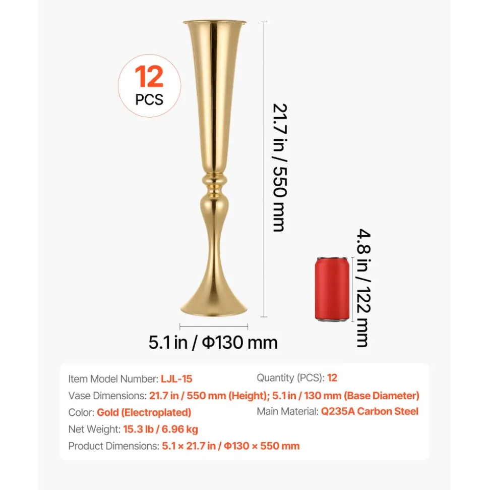 VEVOR 12 PCS Wedding Flower Vase, 21.7 in Tall Trumpet Flower Table Centerpieces, Banquet Vases Easy Installation, Electroplated Versatile Arrangement Stand for Party Events Home Decor Reception, Gold