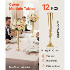 VEVOR 12 PCS Wedding Flower Vase, 21.7 in Tall Trumpet Flower Table Centerpieces, Banquet Vases Easy Installation, Electroplated Versatile Arrangement Stand for Party Events Home Decor Reception, Gold
