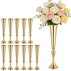 VEVOR 12 PCS Wedding Flower Vase, 21.7 in Tall Trumpet Flower Table Centerpieces, Banquet Vases Easy Installation, Electroplated Versatile Arrangement Stand for Party Events Home Decor Reception, Gold