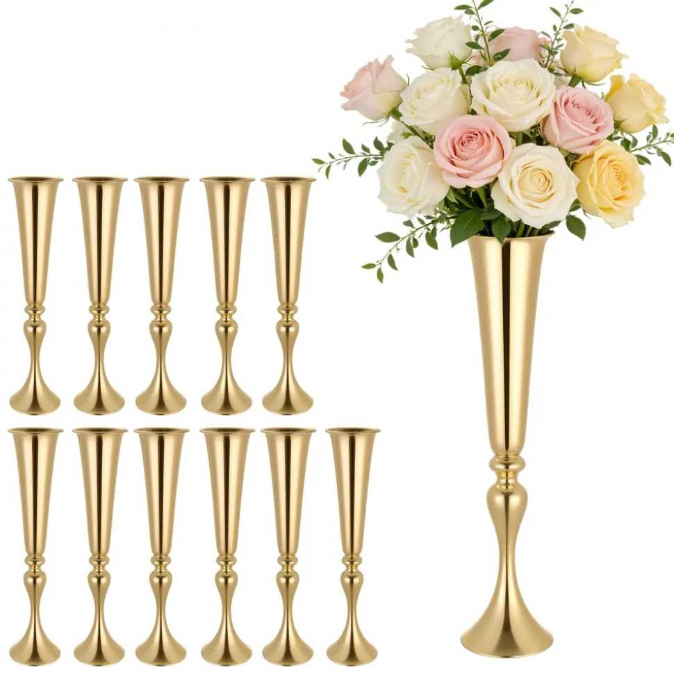 VEVOR 12 PCS Wedding Flower Vase, 21.7 in Tall Trumpet Flower Table Centerpieces, Banquet Vases Easy Installation, Electroplated Versatile Arrangement Stand for Party Events Home Decor Reception, Gold