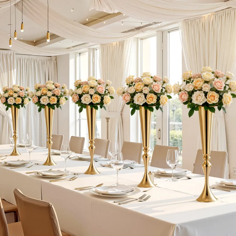 VEVOR 12 PCS Wedding Flower Vase, 21.7 in Tall Trumpet Flower Table Centerpieces, Banquet Vases Easy Installation, Electroplated Versatile Arrangement Stand for Party Events Home Decor Reception, Gold