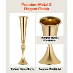 VEVOR 12 PCS Wedding Flower Vase, 21.7 in Tall Trumpet Flower Table Centerpieces, Banquet Vases Easy Installation, Electroplated Versatile Arrangement Stand for Party Events Home Decor Reception, Gold