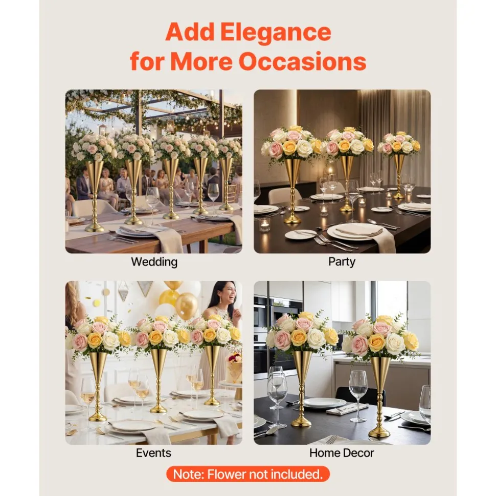VEVOR 20 PCS Wedding Flower Vase, 16.9 in Tall Trumpet Flower Table Centerpieces, Banquet Vases Easy Installation, Electroplated Versatile Arrangement Stand for Party Events Home Decor Reception, Gold