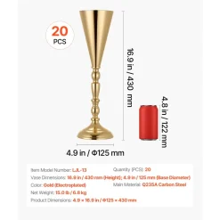 VEVOR 20 PCS Wedding Flower Vase, 16.9 in Tall Trumpet Flower Table Centerpieces, Banquet Vases Easy Installation, Electroplated Versatile Arrangement Stand for Party Events Home Decor Reception, Gold