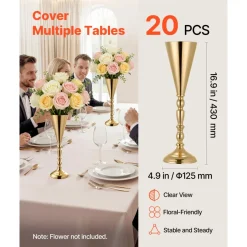 VEVOR 20 PCS Wedding Flower Vase, 16.9 in Tall Trumpet Flower Table Centerpieces, Banquet Vases Easy Installation, Electroplated Versatile Arrangement Stand for Party Events Home Decor Reception, Gold