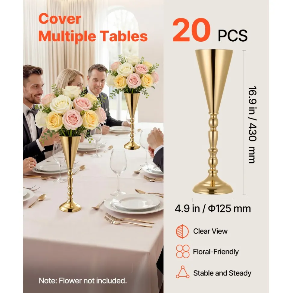 VEVOR 20 PCS Wedding Flower Vase, 16.9 in Tall Trumpet Flower Table Centerpieces, Banquet Vases Easy Installation, Electroplated Versatile Arrangement Stand for Party Events Home Decor Reception, Gold