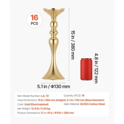 VEVOR 16 PCS Wedding Flower Vase, 15 in Tall Flower Table Centerpieces, Crystal Banquet Vases Easy Installation, Electroplated Versatile Arrangement Stand for Party Events Home Decor Reception, Gold