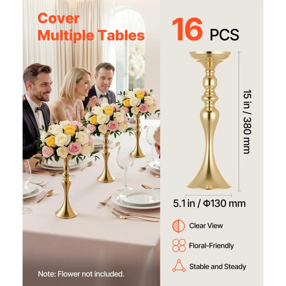 VEVOR 16 PCS Wedding Flower Vase, 15 in Tall Flower Table Centerpieces, Crystal Banquet Vases Easy Installation, Electroplated Versatile Arrangement Stand for Party Events Home Decor Reception, Gold