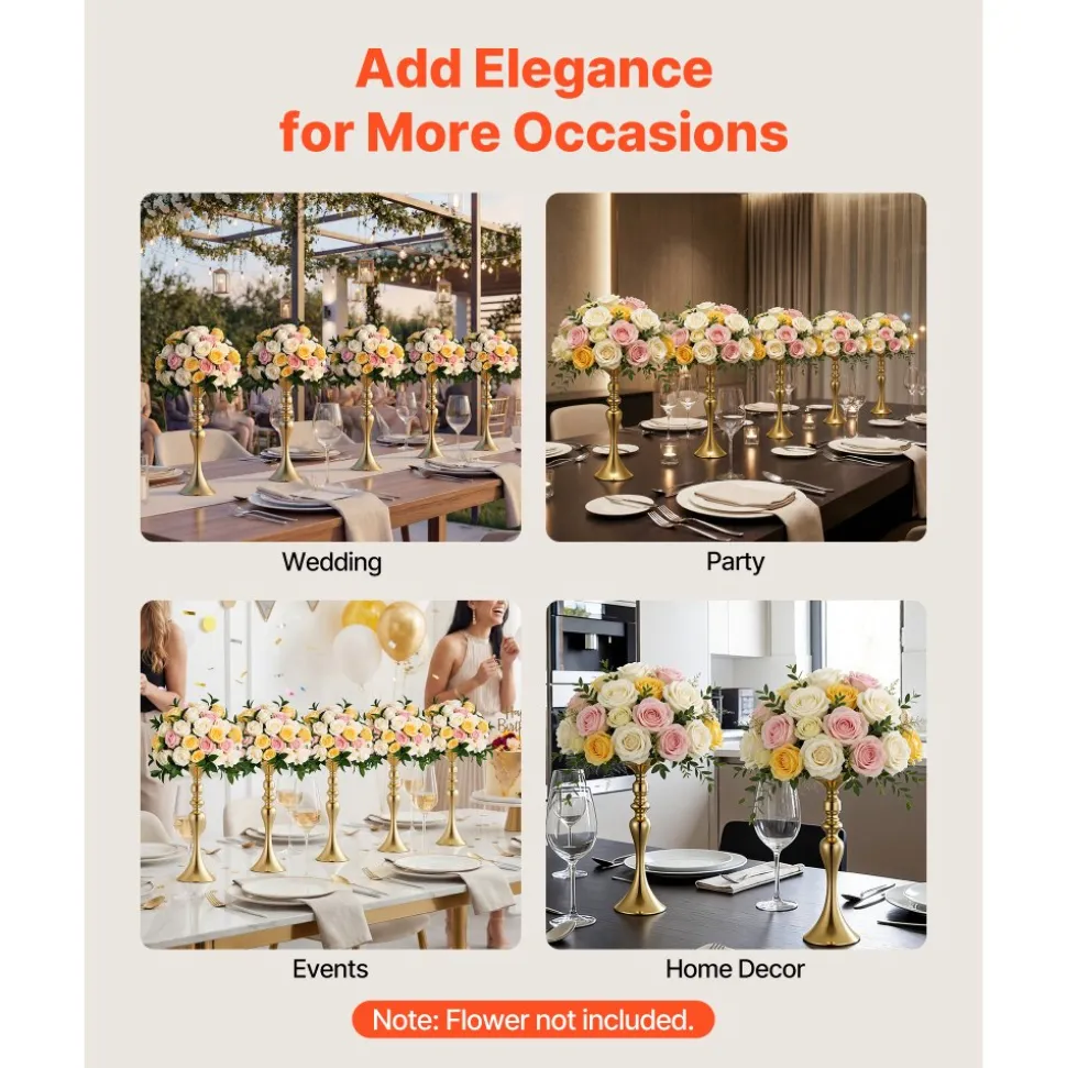 VEVOR 16 PCS Wedding Flower Vase, 15 in Tall Flower Table Centerpieces, Crystal Banquet Vases Easy Installation, Electroplated Versatile Arrangement Stand for Party Events Home Decor Reception, Gold