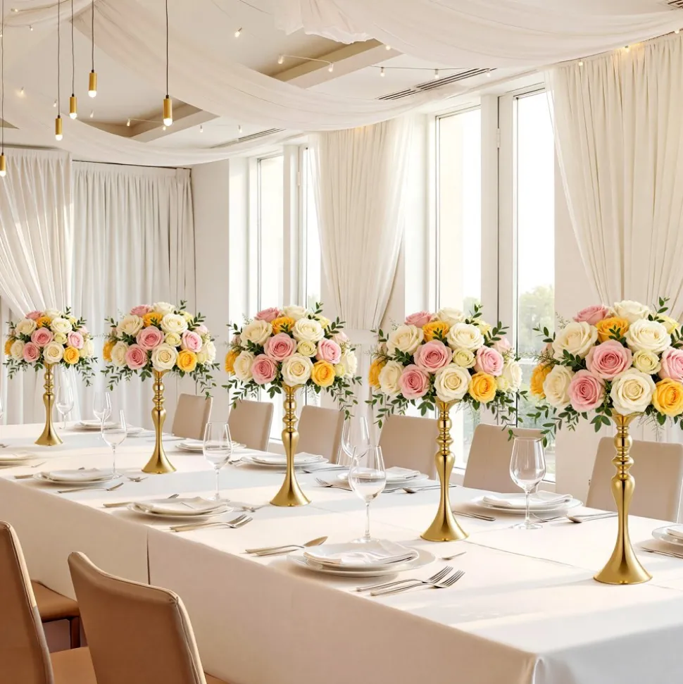 VEVOR 16 PCS Wedding Flower Vase, 15 in Tall Flower Table Centerpieces, Crystal Banquet Vases Easy Installation, Electroplated Versatile Arrangement Stand for Party Events Home Decor Reception, Gold