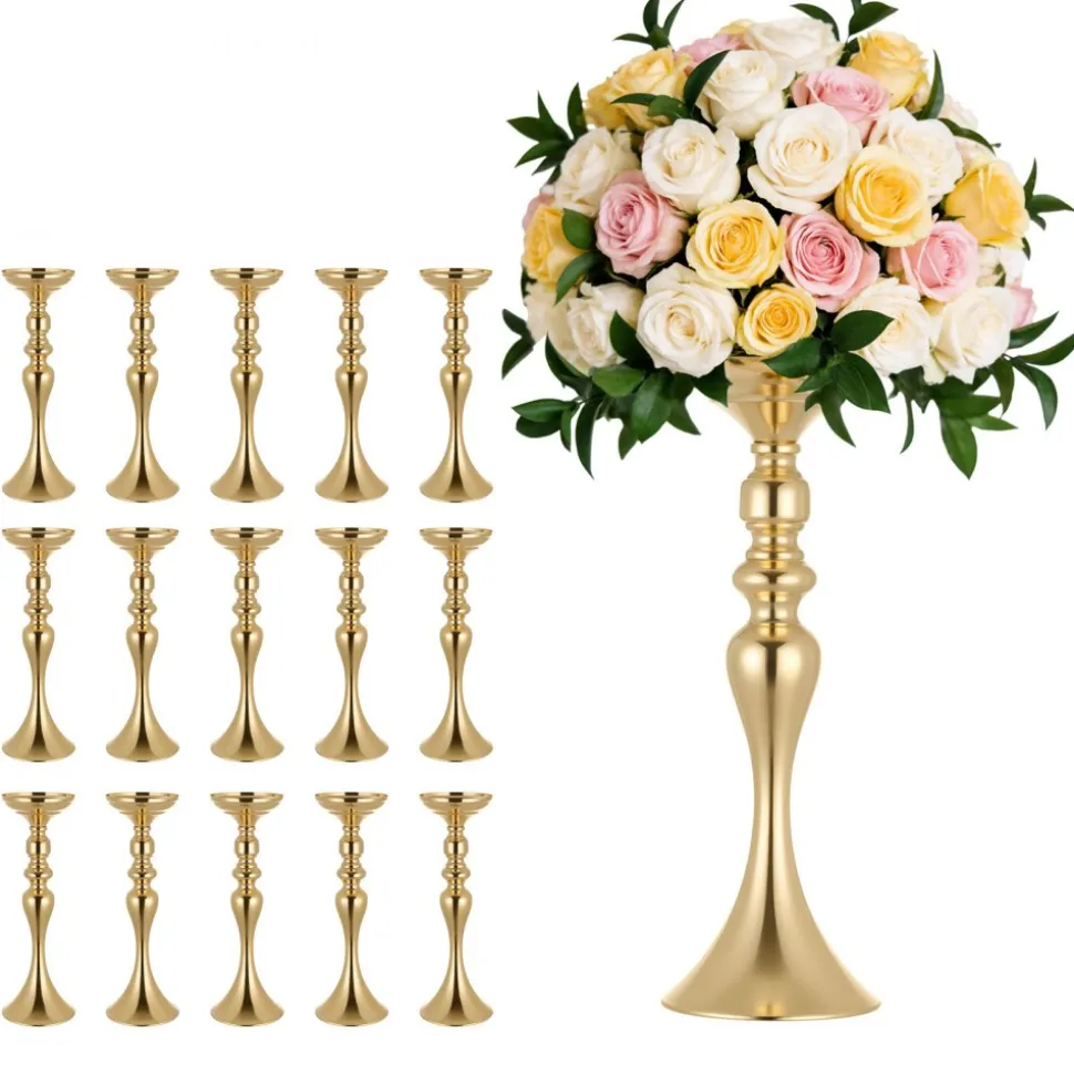 VEVOR 16 PCS Wedding Flower Vase, 15 in Tall Flower Table Centerpieces, Crystal Banquet Vases Easy Installation, Electroplated Versatile Arrangement Stand for Party Events Home Decor Reception, Gold