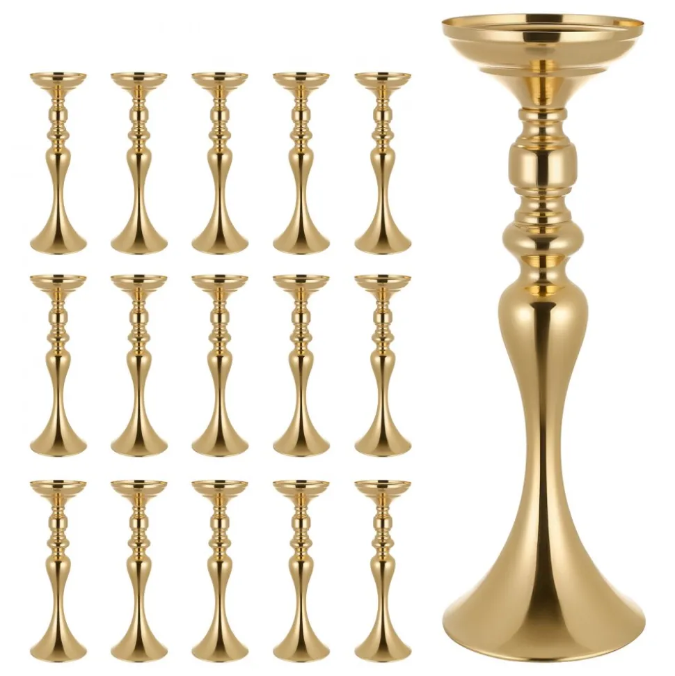VEVOR 16 PCS Wedding Flower Vase, 15 in Tall Flower Table Centerpieces, Crystal Banquet Vases Easy Installation, Electroplated Versatile Arrangement Stand for Party Events Home Decor Reception, Gold