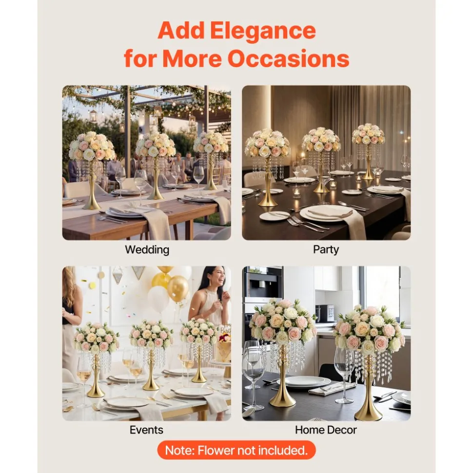 VEVOR 20 PCS Wedding Flower Vase, 13.4 in Tall Flower Table Centerpieces, Crystal Banquet Vases Easy Installation, Electroplated Finish, Versatile Arrangement Stand for Party Events Home Decor, Gold