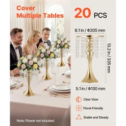 VEVOR 20 PCS Wedding Flower Vase, 13.4 in Tall Flower Table Centerpieces, Crystal Banquet Vases Easy Installation, Electroplated Finish, Versatile Arrangement Stand for Party Events Home Decor, Gold