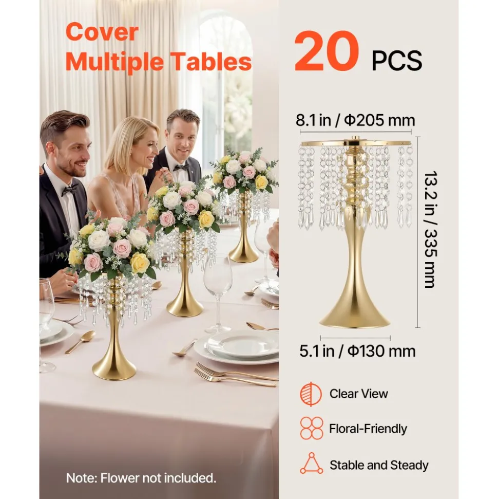 VEVOR 20 PCS Wedding Flower Vase, 13.4 in Tall Flower Table Centerpieces, Crystal Banquet Vases Easy Installation, Electroplated Finish, Versatile Arrangement Stand for Party Events Home Decor, Gold