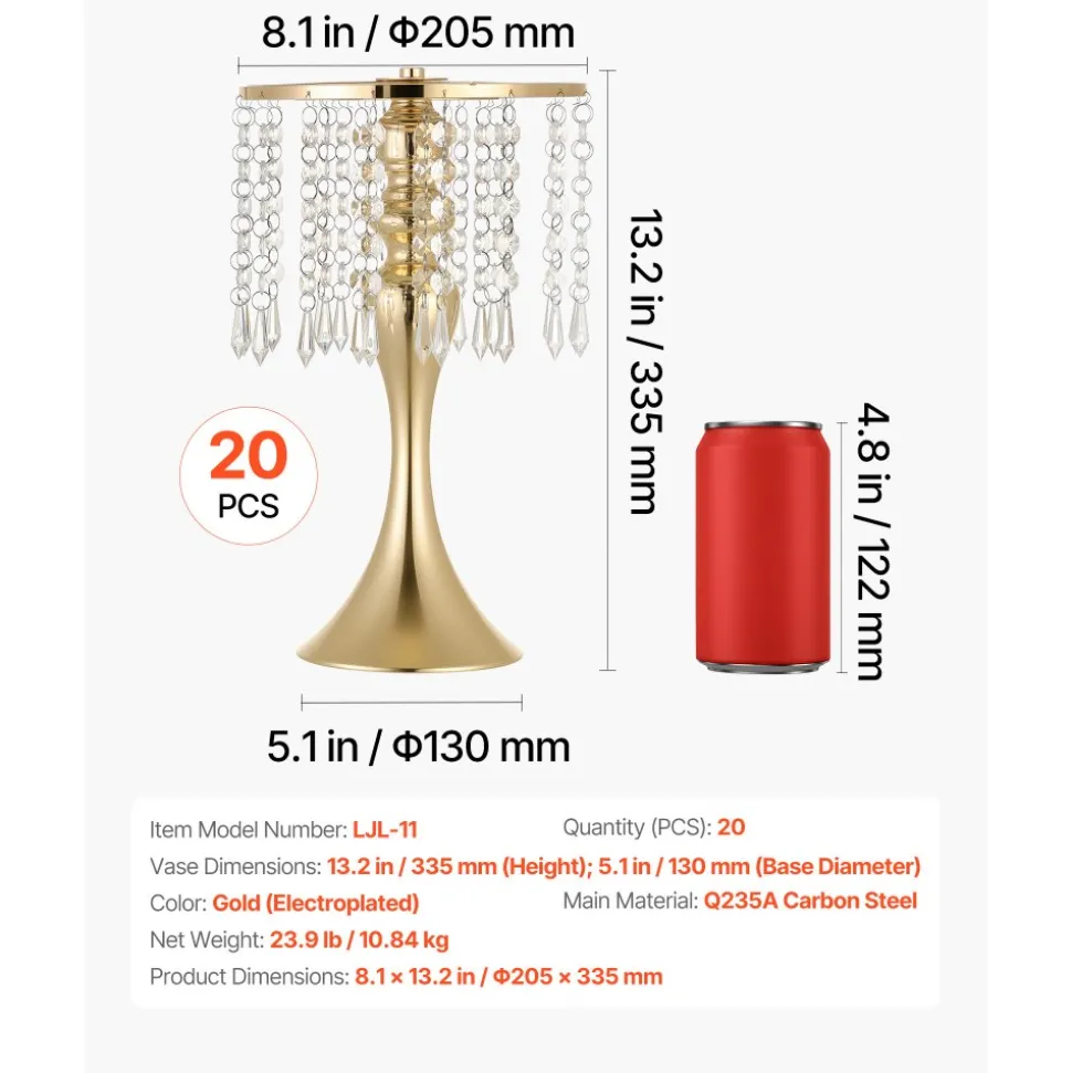 VEVOR 20 PCS Wedding Flower Vase, 13.4 in Tall Flower Table Centerpieces, Crystal Banquet Vases Easy Installation, Electroplated Finish, Versatile Arrangement Stand for Party Events Home Decor, Gold