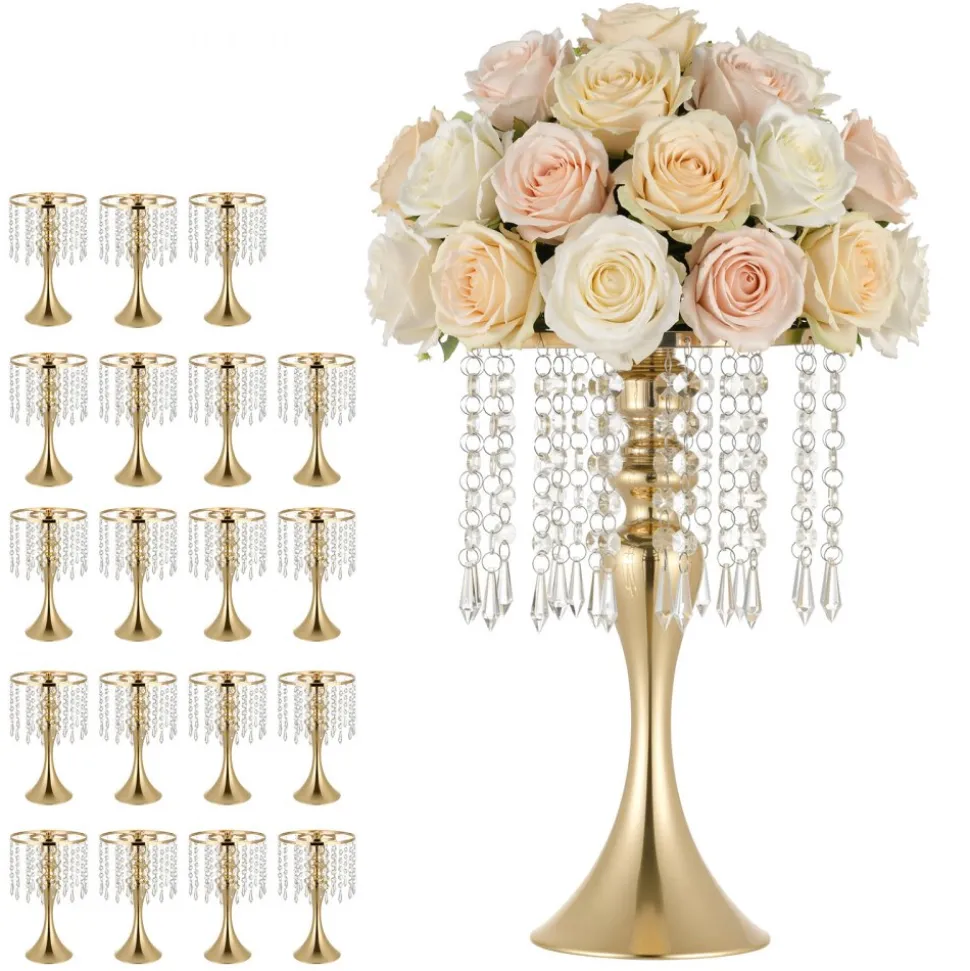 VEVOR 20 PCS Wedding Flower Vase, 13.4 in Tall Flower Table Centerpieces, Crystal Banquet Vases Easy Installation, Electroplated Finish, Versatile Arrangement Stand for Party Events Home Decor, Gold