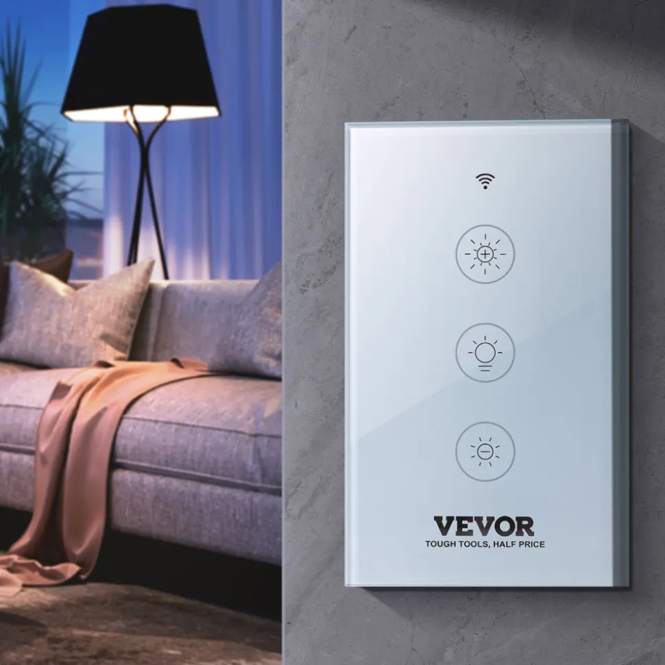 VEVOR 2PCS WiFi Smart Light Dimmer Switch, 100-250V AC Wi-Fi 2.4GHz, 15% to 85% Stepless Dimming LED Dimmable Smart Switch with Touch Panel, App Remote Control Voice Compatible with Alexa Google Home