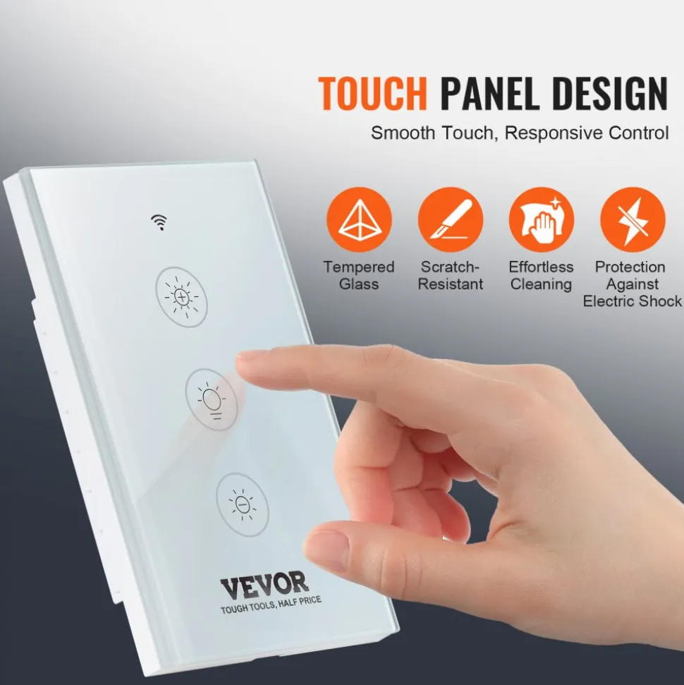 VEVOR 2PCS WiFi Smart Light Dimmer Switch, 100-250V AC Wi-Fi 2.4GHz, 15% to 85% Stepless Dimming LED Dimmable Smart Switch with Touch Panel, App Remote Control Voice Compatible with Alexa Google Home