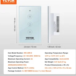 VEVOR 2PCS WiFi Smart Light Dimmer Switch, 100-250V AC Wi-Fi 2.4GHz, 15% to 85% Stepless Dimming LED Dimmable Smart Switch with Touch Panel, App Remote Control Voice Compatible with Alexa Google Home