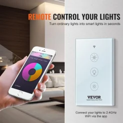 VEVOR 2PCS WiFi Smart Light Dimmer Switch, 100-250V AC Wi-Fi 2.4GHz, 15% to 85% Stepless Dimming LED Dimmable Smart Switch with Touch Panel, App Remote Control Voice Compatible with Alexa Google Home