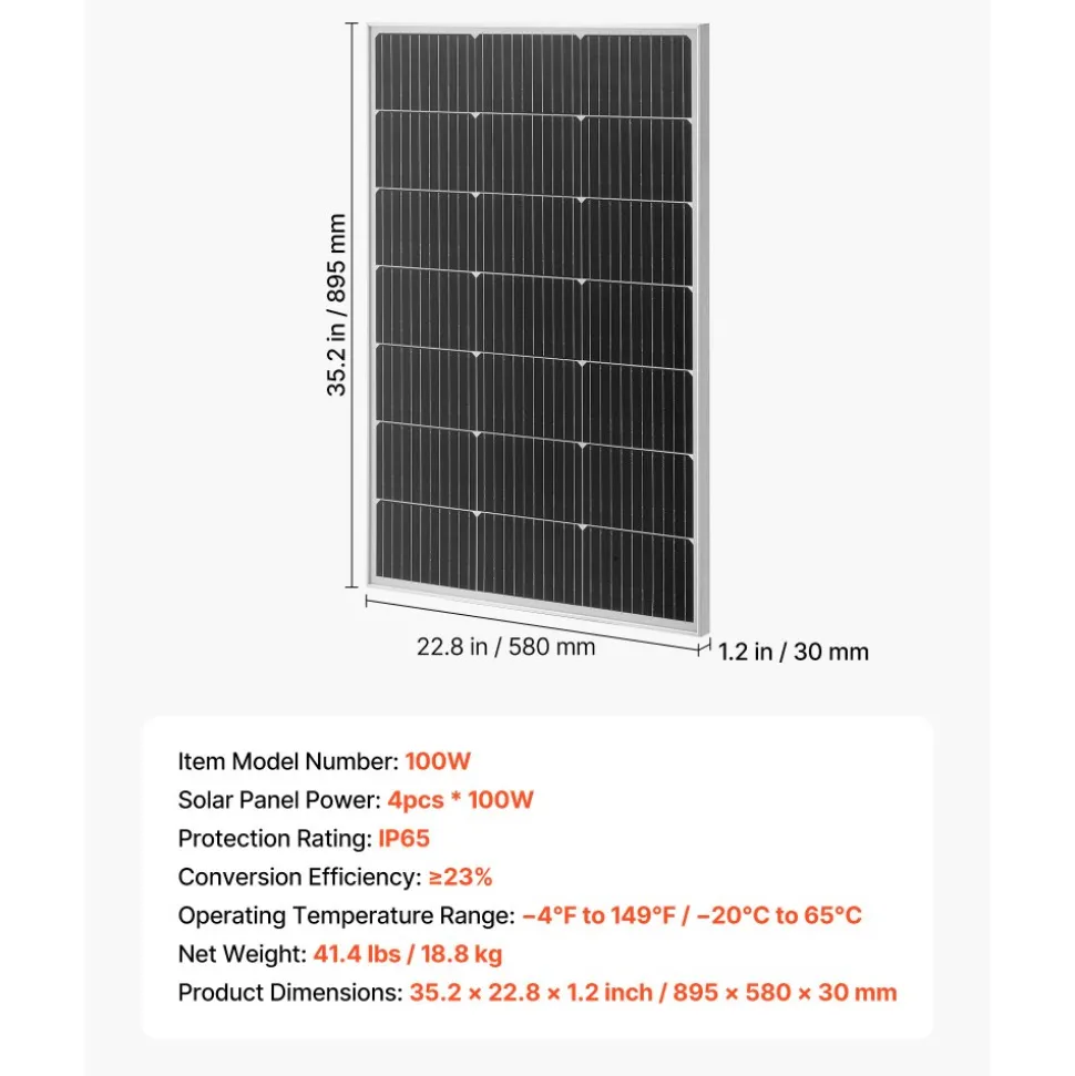 VEVOR 4PCS 100W Monocrystalline Solar Panels, 23% High-Efficiency Mono PV Module with Stable MC4 Output & Aluminum Frame, IP65 Waterproof Solar Panel for Car Boat RV Flat Rooftop Off-Grid Applications