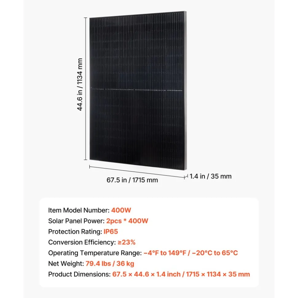 VEVOR 2PCS 400W Monocrystalline Solar Panels, 23% High-Efficiency Mono PV Module with Stable MC4 Output & Aluminum Frame, IP65 Waterproof Solar Panel for Car Boat RV Flat Rooftop Off-Grid Applications