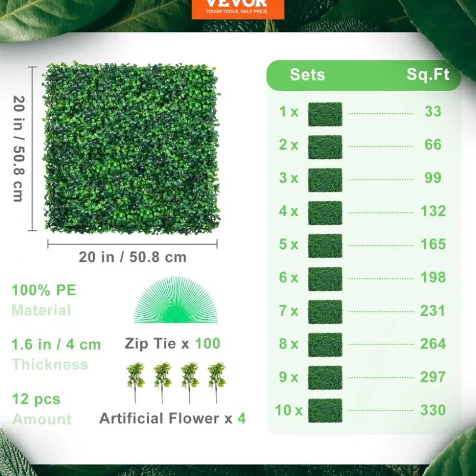 VEVOR 12PCS 20x20inch Artificial Boxwood Panels,Boxwood Hedge Wall Panels,Artificial Grass Backdrop Wall 1.6",Privacy Hedge Screen UV Protected for Outdoor Indoor Garden Fence Backyard