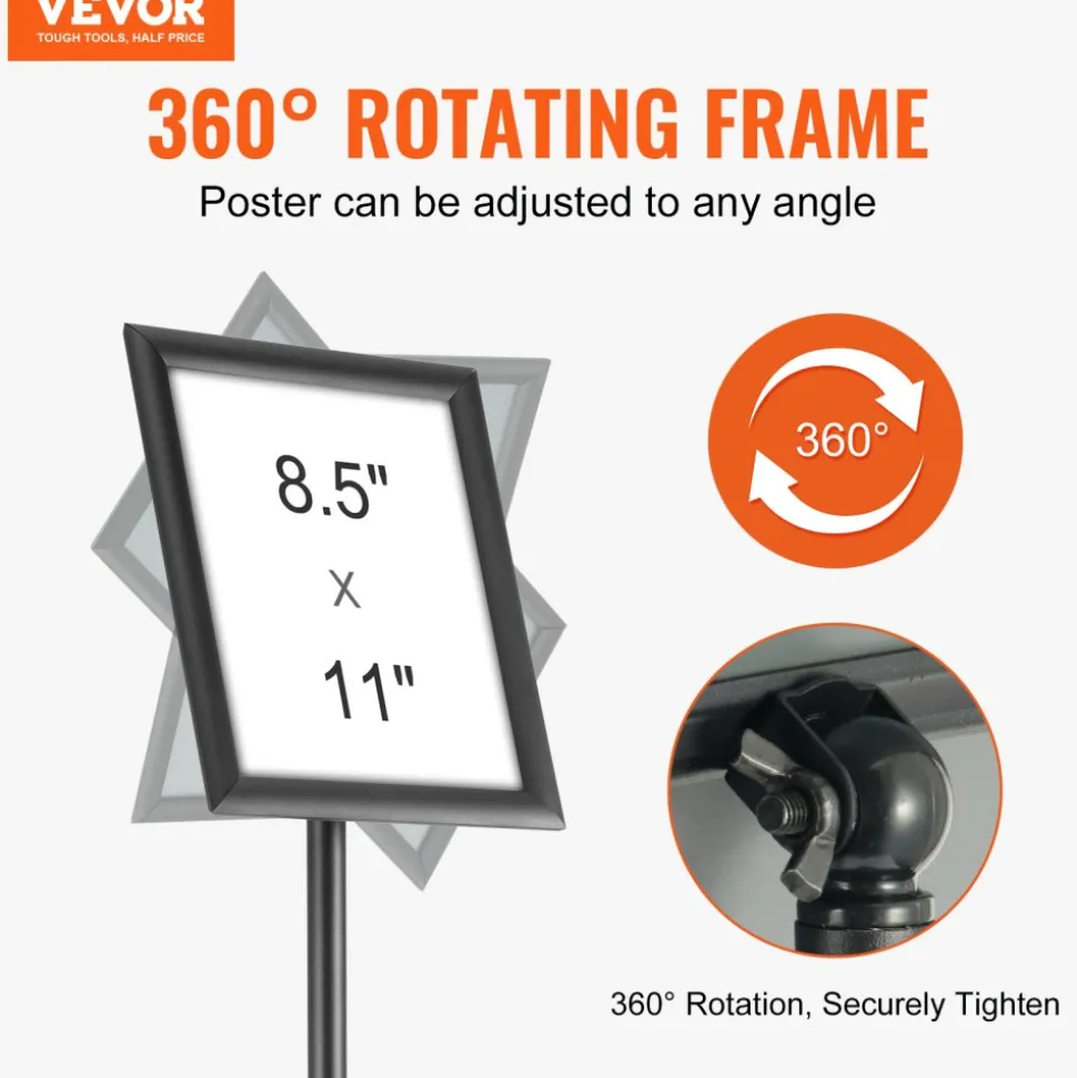 VEVOR Pedestal Sign Holder, 11 x 17 Inch Vertical and Horizontal Adjustable Poster Stand, Heavy-Duty Floor Standing Sign Holder with Round Base for Display, Advertisement, and Outdoor, Black