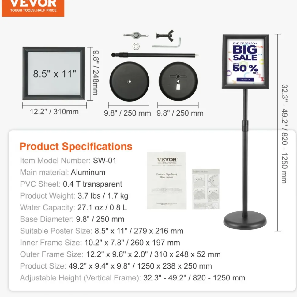 VEVOR Pedestal Sign Holder, 11 x 17 Inch Vertical and Horizontal Adjustable Poster Stand, Heavy-Duty Floor Standing Sign Holder with Round Base for Display, Advertisement, and Outdoor, Black