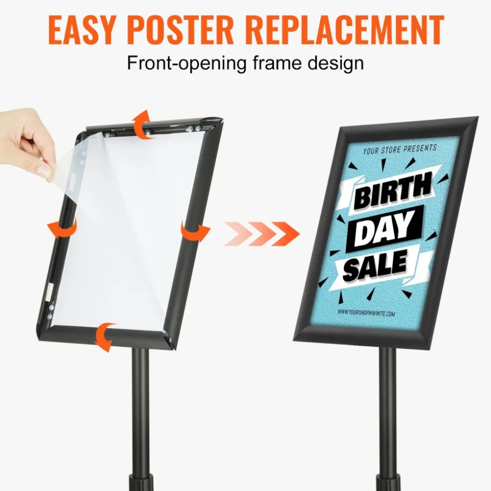 VEVOR Pedestal Sign Holder, 11 x 17 Inch Vertical and Horizontal Adjustable Poster Stand, Heavy-Duty Floor Standing Sign Holder with Round Base for Display, Advertisement, and Outdoor, Black