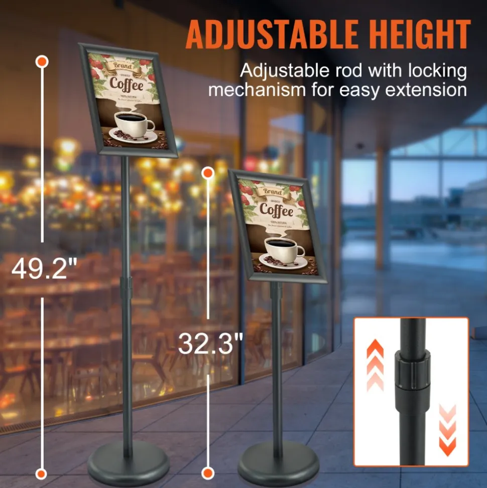 VEVOR Pedestal Sign Holder, 11 x 17 Inch Vertical and Horizontal Adjustable Poster Stand, Heavy-Duty Floor Standing Sign Holder with Round Base for Display, Advertisement, and Outdoor, Black