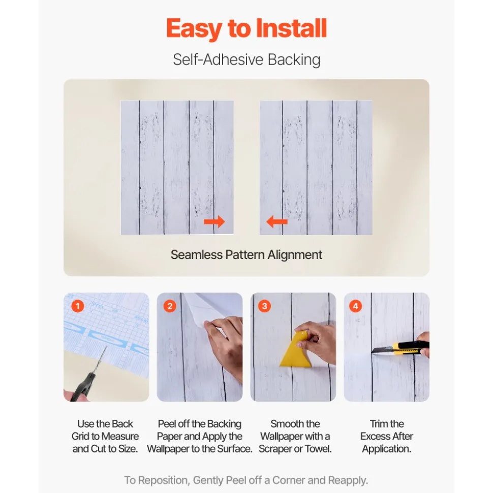 VEVOR Peel and Stick Wallpaper, 17.7 x 472.4 inch Contact Paper White Wood Textured Waterpoof Self Adhesive, Easy to Clean & Peel Wall Decorative Vinyl Roll for Bedroom Kitchen Bathroom Office Desk